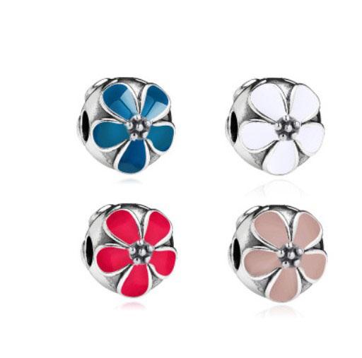 30pcs Five Petals Flower Silver Enamel Beads For Pandora Charm Bead 3MM Snake Chain Bracelet Fashion Women Jewelry European Style