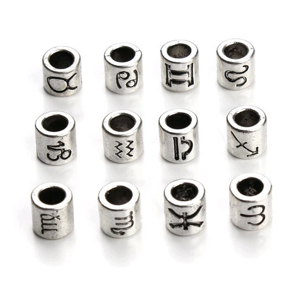 60pcs/lot Large Hole Antique Silver Necklace Beads Spacer fit Bracelets Zodiac Star Signs Barrel Charm Beads Supplies for diy Jewelry Making