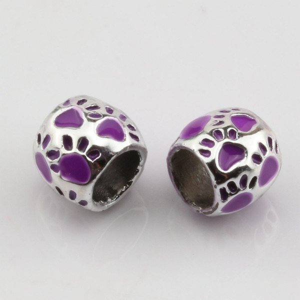 Hot ! 50pcs Purple Enamel Footprint Large Hole Spacer Beads Fit Bracelet DIY Jewelry 8x10mm