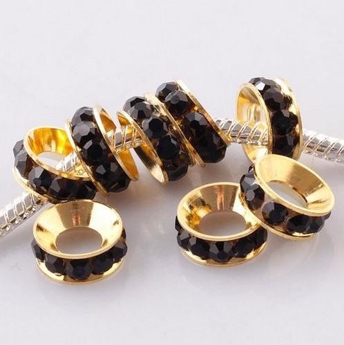 Free Shipping10mm Gold Plated Black Crystal Rhinestones Sideways Spacer Big Hole Charm Beads Jewelry Findings