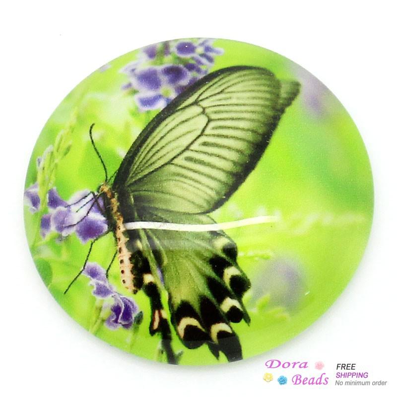 Glass Dome Cabochon Round Multicolor Butterfly & Flower Pattern Painted 3cm Dia,10PCs (B27761)