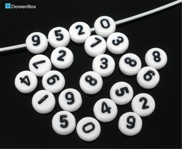 Doreen Box hot-500Pcs Mixed White Acrylic Numbers Flat Round Spacer Beads 7mm(B05685)