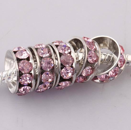 Free Shipping Wholesale18KGP 10MM Pink CZ Crystal Wheel Charm Big Hole Spacer Loose Beads