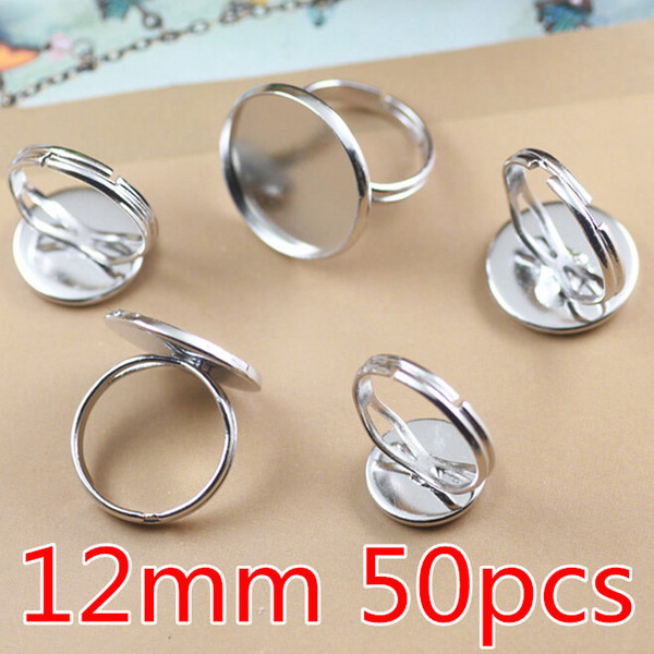 50pcs Brass White K Plated Ring Settings 12MM Blank Tray Rings Cameo cabochons Base Accessories Findings