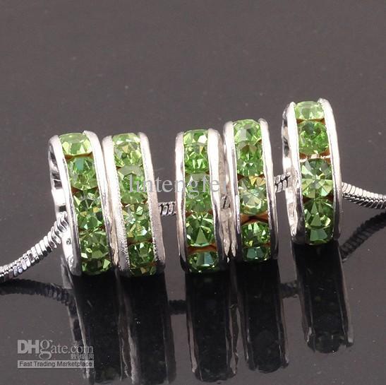 Wholesale Free Shipping 10mm silver plated Light Green Crystal Rhinestone Loose Spacer Charm European Beads Fit Craft Bracelets