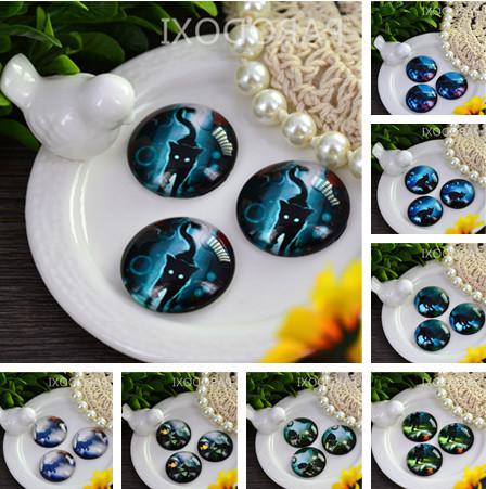 Free shipping 20mm Charm Mysterious dark night cat Pattern Round Glass Dome Cabochon Flat