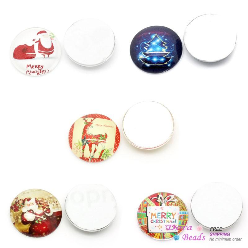 Glass Dome Cabochons Round Mixed Color Christmas Santa Claus&Tree&Snowman&Reindeer&Message Printed 25mm Dia (B28952)