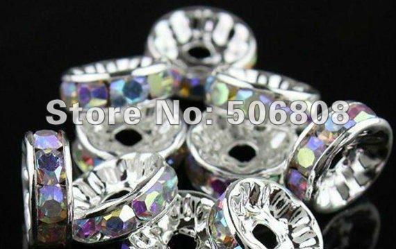 10MM Rhinestone Rondelle Spacer Beads, Silver Plated With Crystal AB & Rainbow Spacers, DIY Basketball Wives Earrings 100PCS/LOT