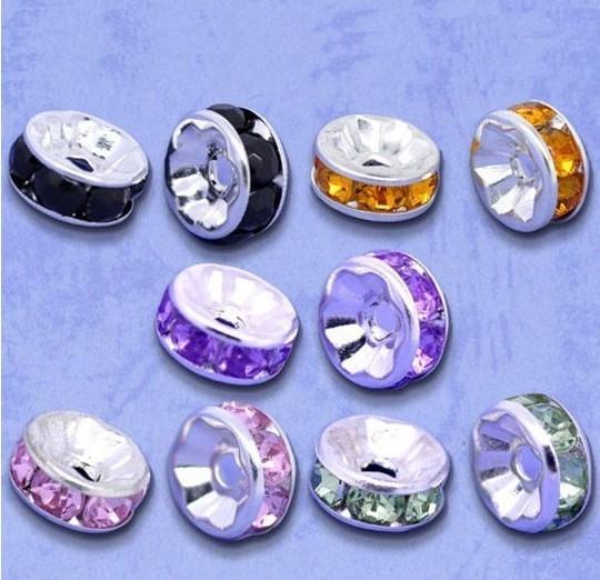 Free Shipping 7mm 200 Silver Plated Flat Side Random Mixed Rhinestone Rondelle Spacers Beads (B Rhinestone )