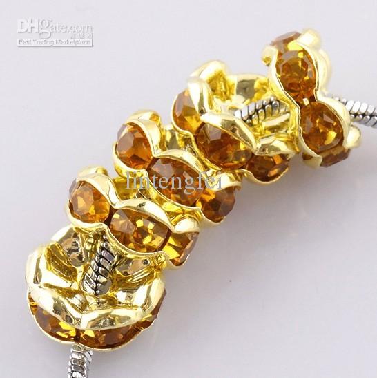 Wholesale Free Shipping 8mm gold plated Crystal Rhinestone Round Loose Spacer Charm European Beads