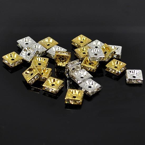 100pcs/lot 6mm ,8mm,10mm Gold Silver Metal Square Rhinestone Crystal Spacer Bars Beads DIY Jewelry Making F1759