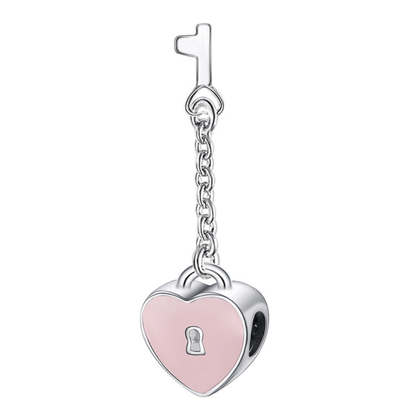 925 Sterling Silver Charms Key To My Heart Pink Enamel European Charm Beads Fit Snake Chain Bracelet DIY Original Jewelry