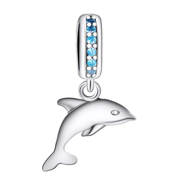 925 Sterling Silver Charms Pave Zircon Dolphin Pendant European Charm Beads Fit Snake Chain Bracelet DIY Original Jewelry