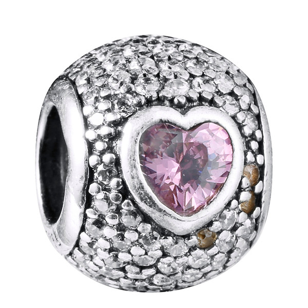 925 Sterling Silver Charms Hearts Pave Clear & Pink Zircon European Charm Beads Fit Snake Chain Bracelet Original Jewelry