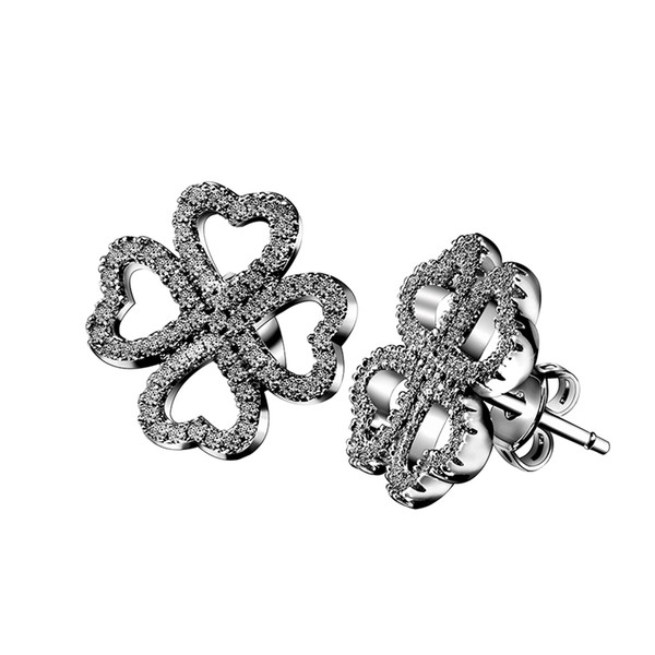 925 Sterling Silver CZ Pave Petals of Love Stud Earrings For Women 2016 Valentine Four Leaf Clover Earring European Fine Jewelry