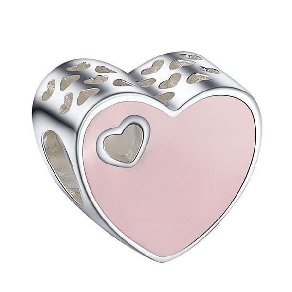 925 Sterling Silver Charms Pink Enamel Hearts European Charm Beads Fit Snake Chain Bracelet Bangle DIY Original Jewelry