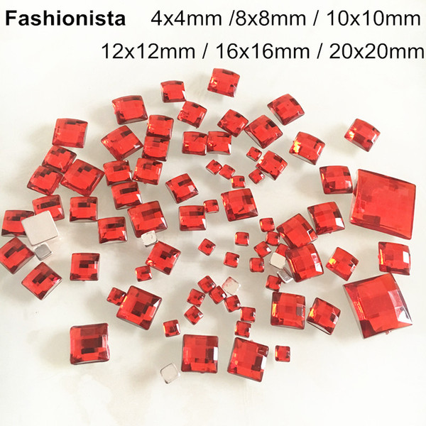 Red Square Acrylic Rhinestone For Scrapbook,Glue-on Flat Back Faceted Cabochon For Base Settings,4mm,8mm,10mm,12mm,16mm,20mm -WW