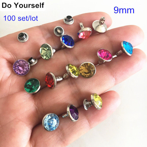 100 set of 9mm Colorful Round Faceted Acrylic Bead Rivet Stud Spike With Silver Color Metal Base - 8 Colors