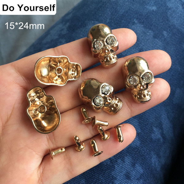 20 Sets Rose Gold Metal Skull Rivet Studs With Glass Bead,15*24mm Punk DIY Spikes For Fashion Clothing