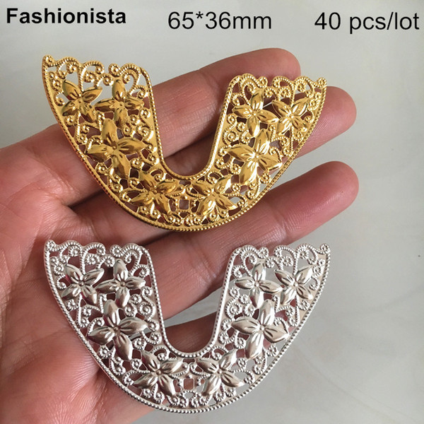 40 pcs -65*36mm Metal Filigree U Shape Ornament,Gold-color,Silver-color,Metal Stamping Flower Pattern Filigree Decoration -DGG