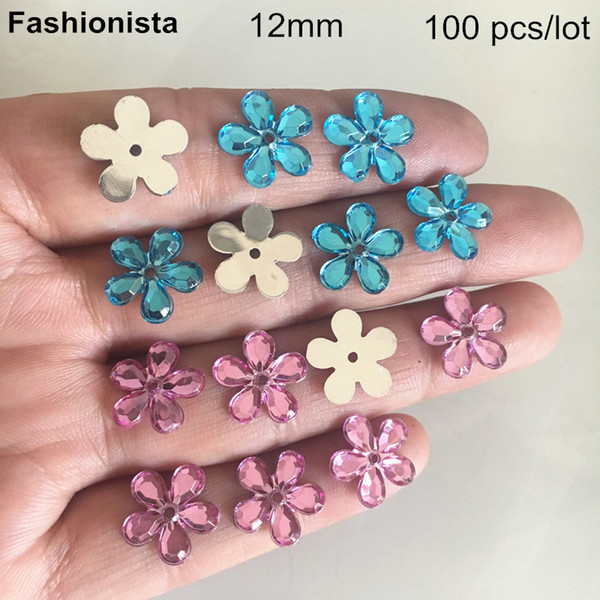 100 pcs Acrylic Rhinestone For Decoration,12mm Blue / Pink Flatback Rhinestone For Scrapbook,Flower Shape Bling Rhinestones