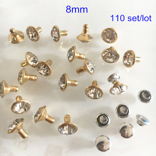 8mm Crystal Round Faceted Glass Bead Rivet Stud Spike With Gold Color Metal Base - 110 Set