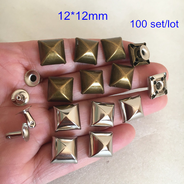 100 sets Plump Pyramid Rivet Spike With Base,12*12mm Square Metal Rivet Studs Punk Style DIY Rivets,Antique Bronze / Silver