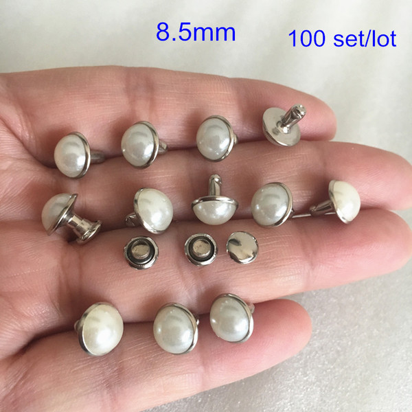 100 Sets 8.5mm Domed White Pearl Rivet Studs,Studs With Half Pearl For Clothing Crafting,Shoes & Bags DIY Studs,Clothing Buttons