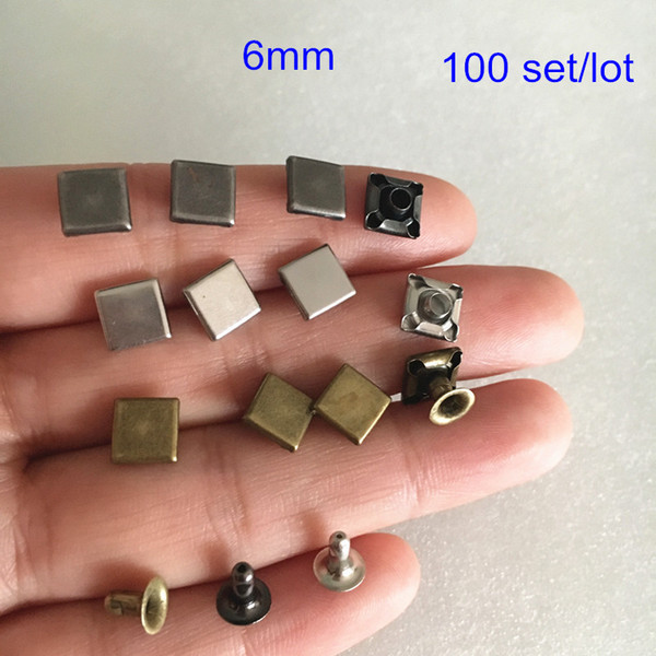 100 Set Flat Square Rivet Stud,6mm,silver,bronze,black gunmetal,6*6mm Square Metal Spike Rivet Stud,Shoes,Bags,Hat Decoration