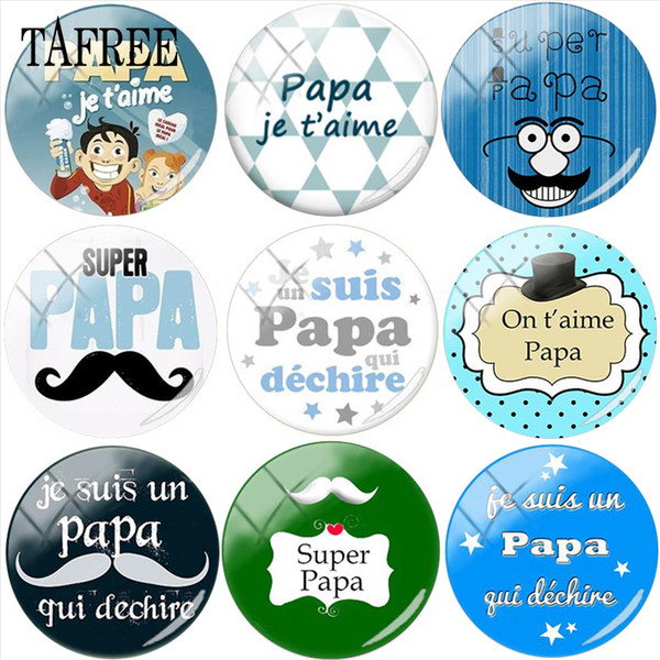 TAFREE French Letter Super papa Hot Selling 25mm Pattern Round Handmade Glass Cabochons & Glass Dome Cover Pendant Cameo Settings