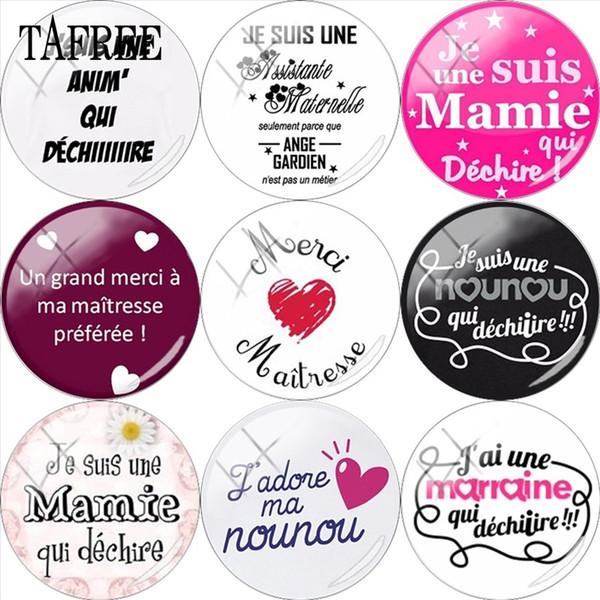 TAFREE French Je Suis une Mamie Qui Dechire 25mm DIY Glass Cabochon Dome Merci Maitresse Charms For Brooch Necklace