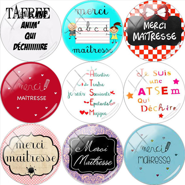 TAFREE French Merci Maitresse Art Clip Pictures 25mm Glass Cabochon Dome Round Shape Flatback Scrapbooking DIY Jewelry Findings Making