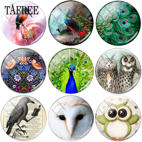 TAFREE Bird Peacock Owl New 25mm pattern Round Photo DIY Glass Cabochons & Glass Dome Cover Pendant Cameo Settings Jewelry Findings