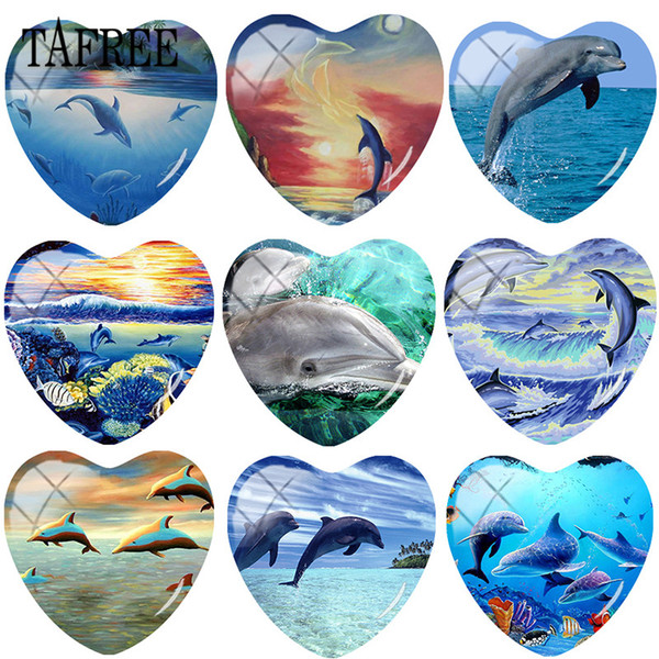 TAFREE Blue Sea Dolphins Heart Shape DIY Glass Cabohcon Art Picture Demo Flat Back Making Findings For Bracelets Keychains