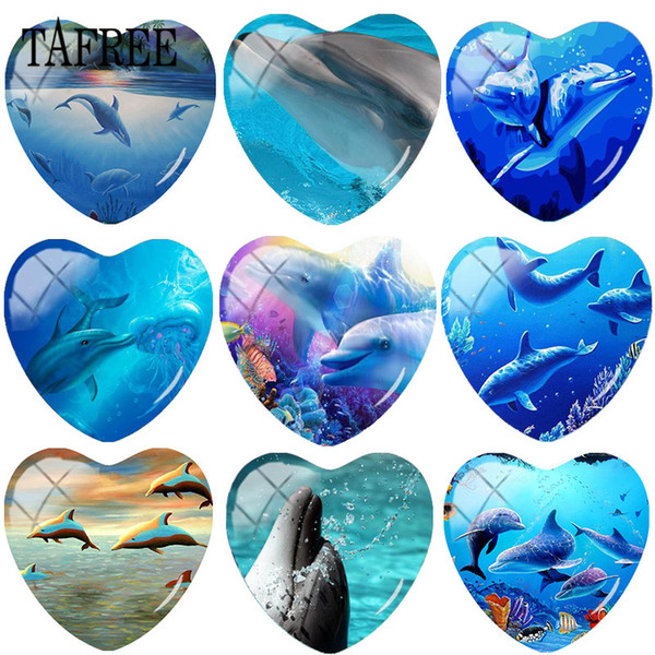 TAFREE Dolphins Design 25mm DIY Heart Shape Glass Cabochon Dome Art Picture Keychain Necklace Bracelets Charms Jewelry Findings Accessories