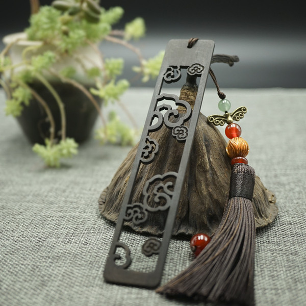 Jewelry Finding Chinese style Sandalwood tassels bookmark Original design ice silk tassel hollow out engraving African Blackwood Page-marker