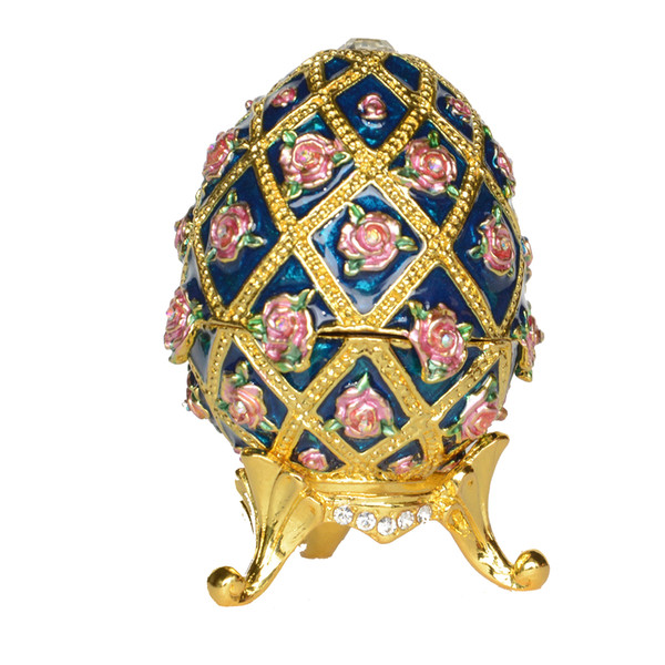 Enameled Hand Painted Vintage Style Faberge Egg with Sparkling Rhinestones Rose Decorated Jewelry Trinket Box