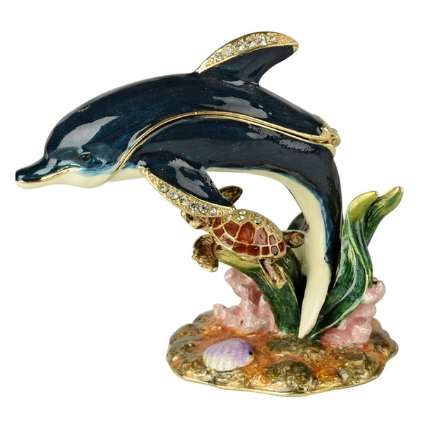 Crafted nautical craft gifts enamel dolphin hinged trinket box crystal jewelry box animal statues unique jewelry packaging gift for her