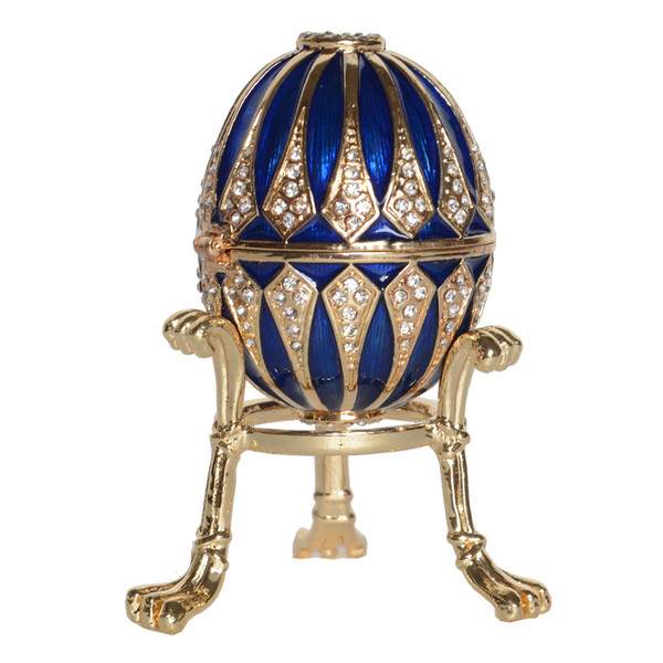 Jeweled Blue Faberge Imperial Egg Trinket Jewelry Box Metal Craft Tabletop Vintage Decor