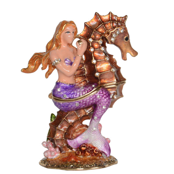 Enameled Mermaid Riding Seahorse Trinket Jewelry Box Crystal Bejeweled Nautical Decor Ornament Gifts