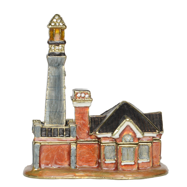 Enamel Hand Painted Light House Jeweled Trinket Box Pewter Collectibles Vintage Decor Novelty Gifts