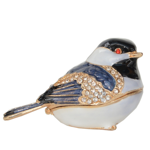 Chickadee Bird Trinket Jewelry Box Enameled Box Crystals Figurine Bird Decor Gifts Necklace Holder