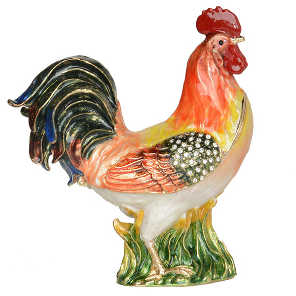 Jeweled rooster jewelry trinket box ring holder organizer metal tabletop novelty gift vintage decoration