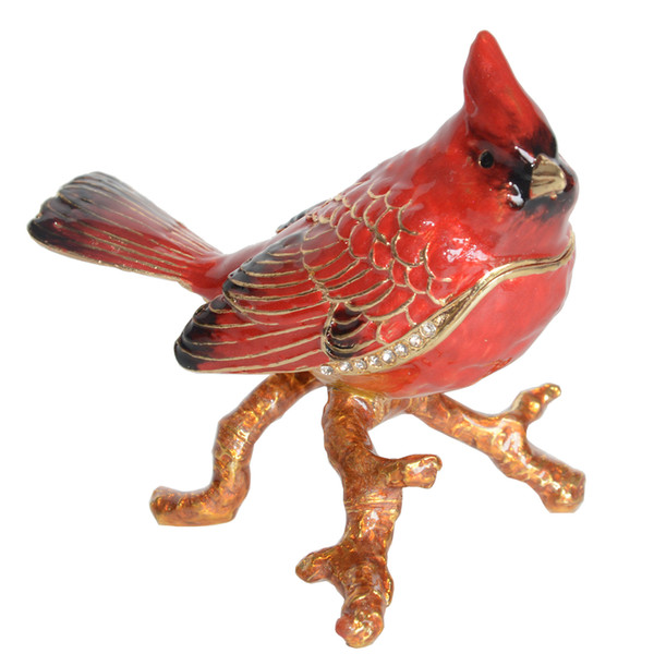 Cardinal Bird Jeweled Metal Enameled Trinket Box Bird Figurine Collectible Ring Holder