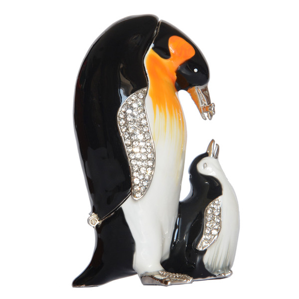 Enameled Pewter Crystal Bejeweled Trinket & Jewelry Box Penguin w Baby Nautical Decoration Novelty Gifts