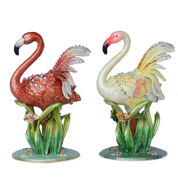 Jeweled Pewter Flamingo Trinket Jewelry Box Bird Figurines Statues Creative Gifts