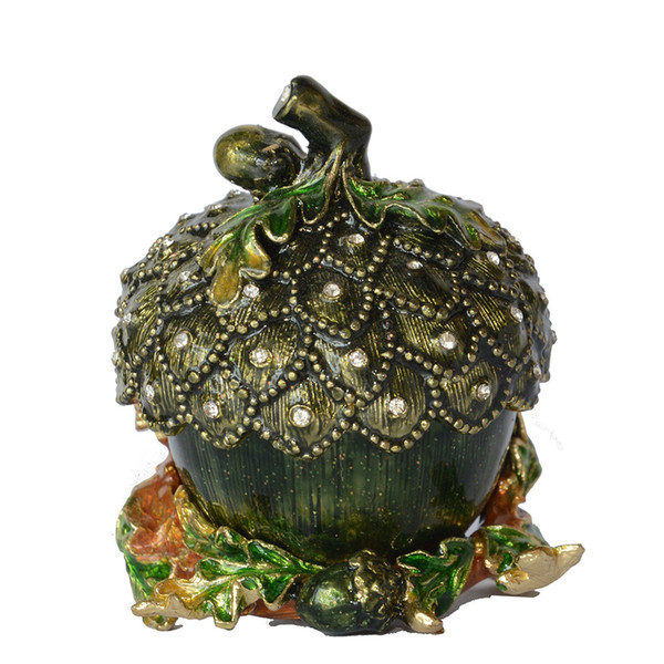 Hand Painted Enamelled Acorn Trinket Jewelry Box Necklace Holder Pewter Collectible Novelty Gift