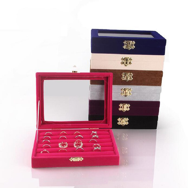 Jewery Organizer Box Rings/Earrings Storage Gift Box DIY craft Display Case Package Rack Suede glass cover clear