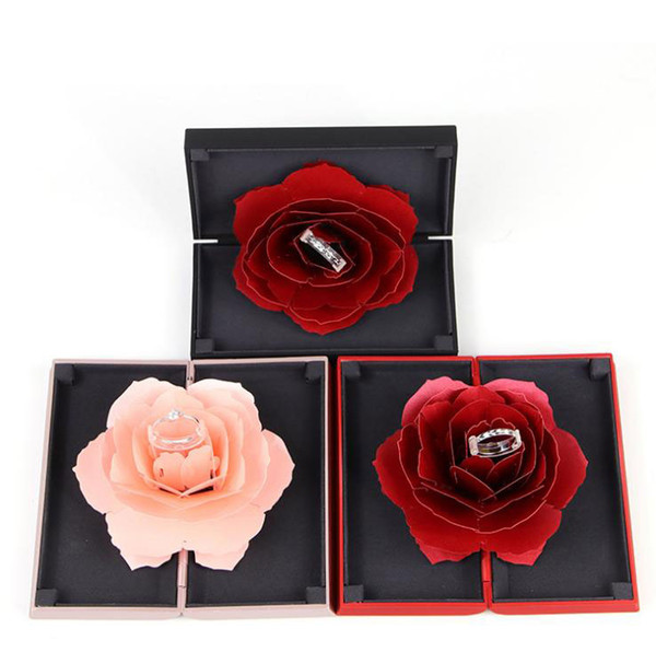 3D Rose Flower Ring Box Classic Elegant Grace Marry Wedding Jewelry Box 3D Pop Up Proposal Rings Holder Case Black/Red/Pink/Blue