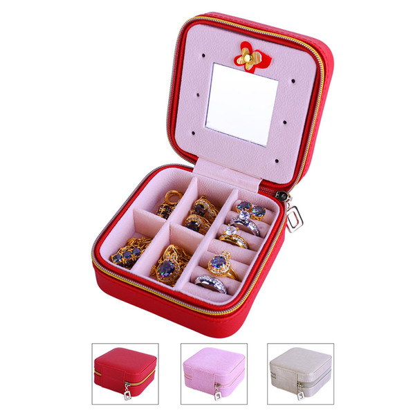 Women Portable Square PU Leather Jewelry Boxes Cases Jewelry Organizer with Mirror(Red, Pink and Silver)